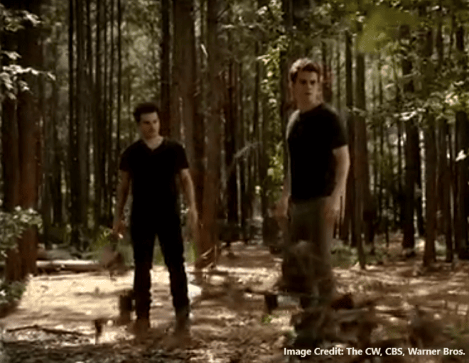 Stephan and Enzo in Woods - The Vampire Diaries - The CW, CBS, Warner Bros.