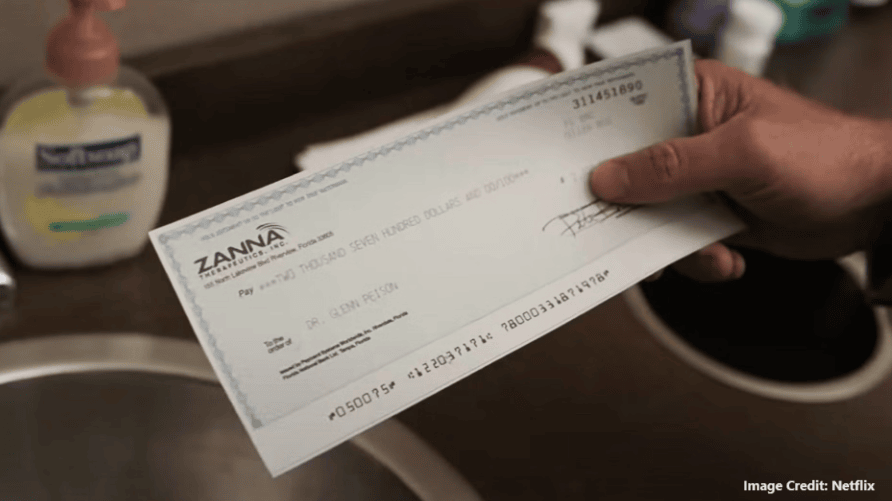 Cheque in the name of Zanna Therapeutics Inc. - Pain Hustlers - Netflix